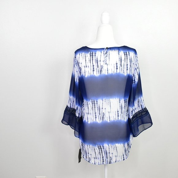 AB Studio Tie Dye Flare 3/4 Sleeve Top Small Navy Sheer Boho High Low Hippie - Picture 12 of 12